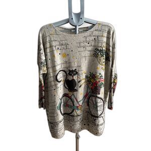 NWT Coeur De Vague Basquiat Style Artsy Oversized Sweater Cat Riding Bike